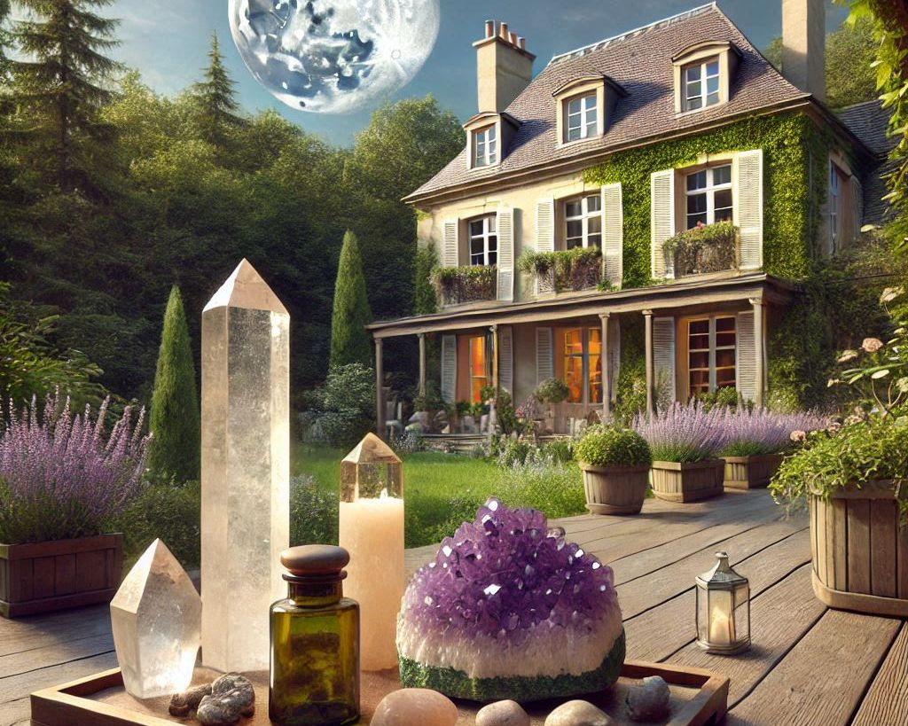 image ia. Cristaux dans le jardin sous la lune