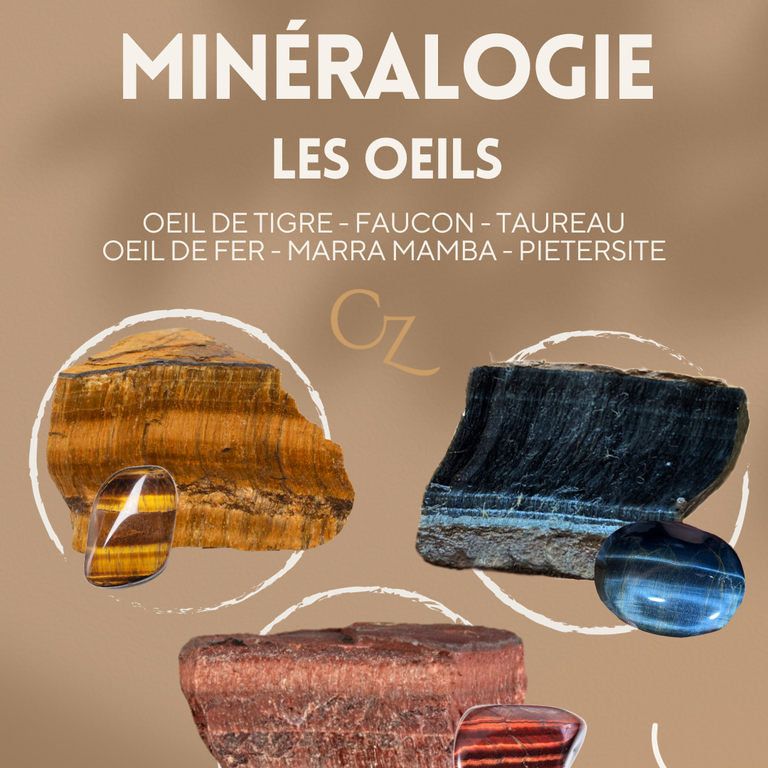 Découvrez la minéralogie complete des oeils de tigre, oeil de faucon et oeil de taureau mais aussi la Pietersite, l'oeil de fer, la marra mamba.