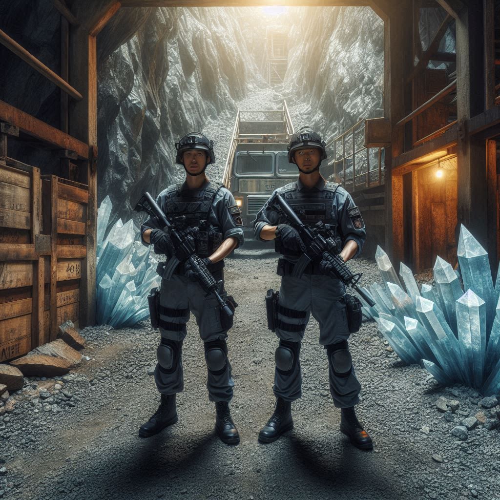 Milice armée basé devant les mines de minéraux pour la protection des mineurs contre les pillards. image IA