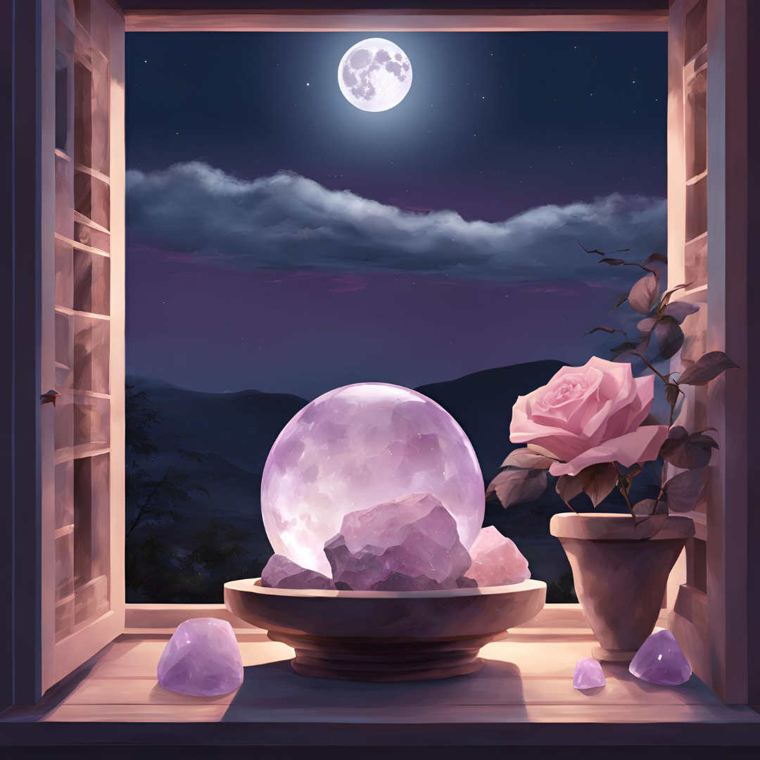 Image IA, Sphere de quartz rose a la fenetre